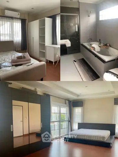 Spacious bedroom with modern furniture and natural light, featuring a cozy bathroom with a bathtub.