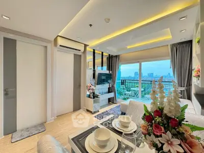 Luxurious modern living room with stunning city view and elegant decor