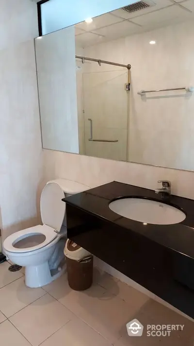 Modern bathroom with sleek black countertop and large mirror