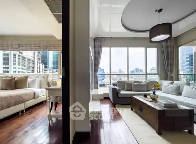Luxurious modern living room with city view and elegant bedroom