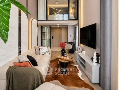 Luxurious modern living room with stylish decor and mezzanine level, perfect for urban living.