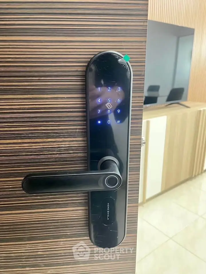 Modern digital door lock on stylish wooden door in contemporary home interior.