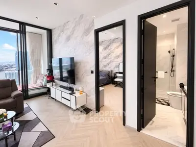 Modern apartment interior with living room, bedroom, and bathroom, featuring stylish decor and city view.