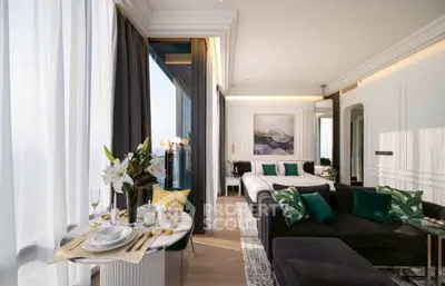 Luxurious modern living room with elegant decor and stunning city view