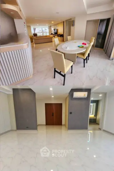 Spacious modern living and dining area with elegant marble flooring and stylish furniture.