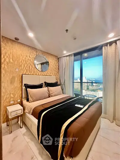 Luxurious bedroom with stunning city view and elegant decor