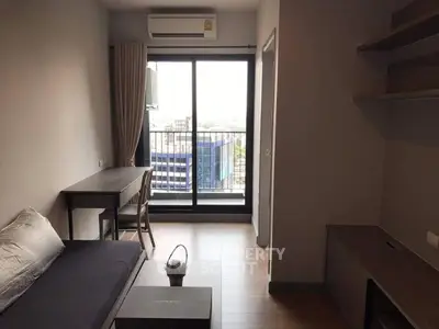 Modern living room with balcony view in urban apartment