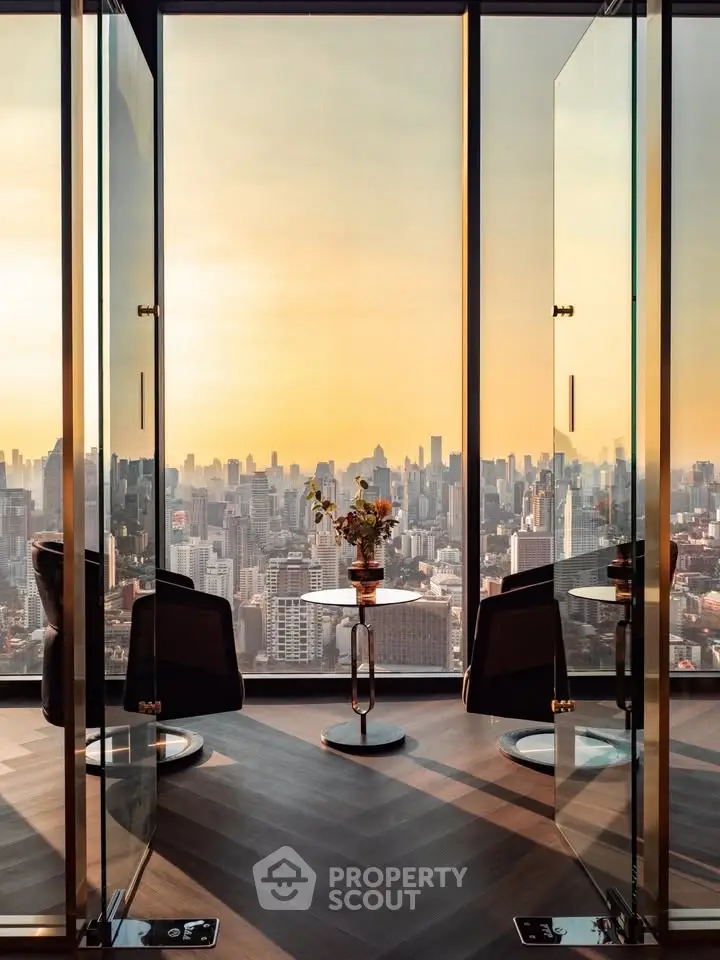 Luxurious high-rise apartment with stunning city skyline view and elegant interior design.