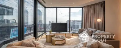 Luxurious modern living room with panoramic city view and elegant furnishings