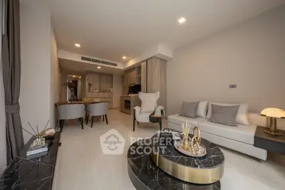 Luxurious modern living room with elegant decor and open kitchen layout