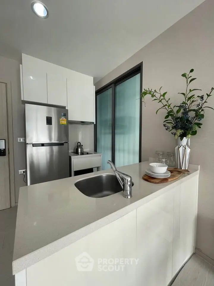 Modern kitchen with sleek design, stainless steel appliances, and elegant decor in a contemporary apartment.