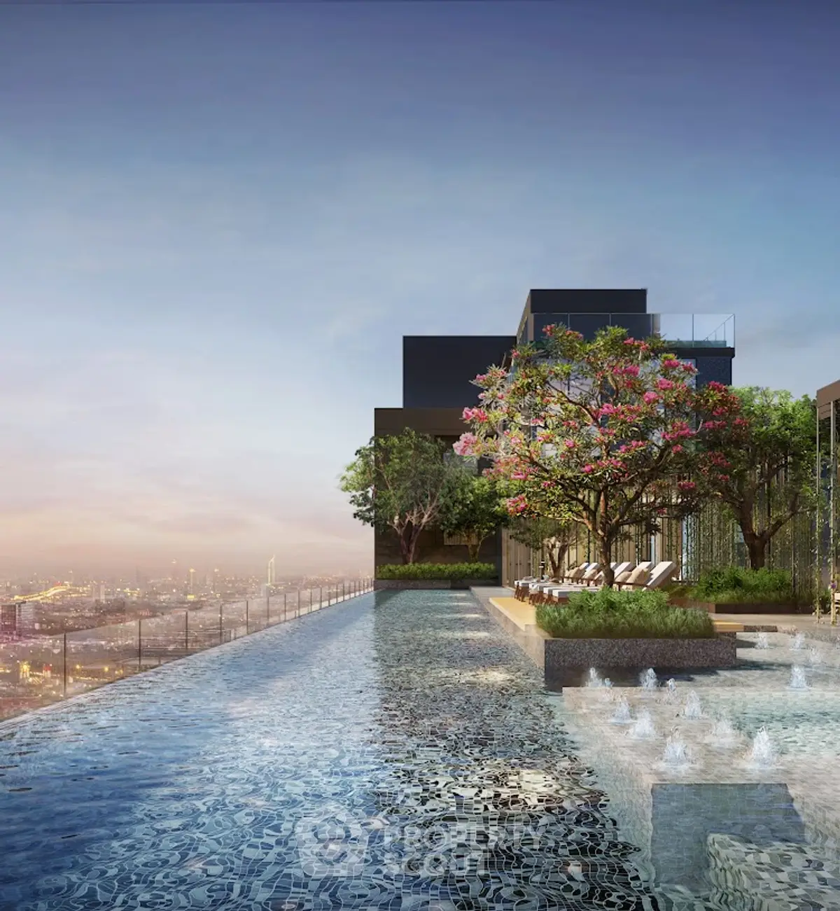 Stunning rooftop pool with panoramic city views and lush greenery.