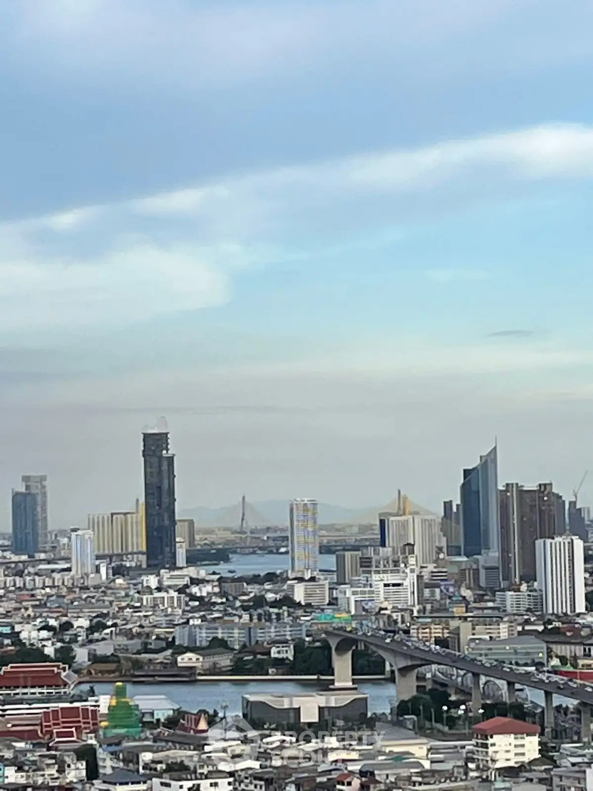 Stunning cityscape view with modern skyscrapers and river, perfect for urban living enthusiasts.