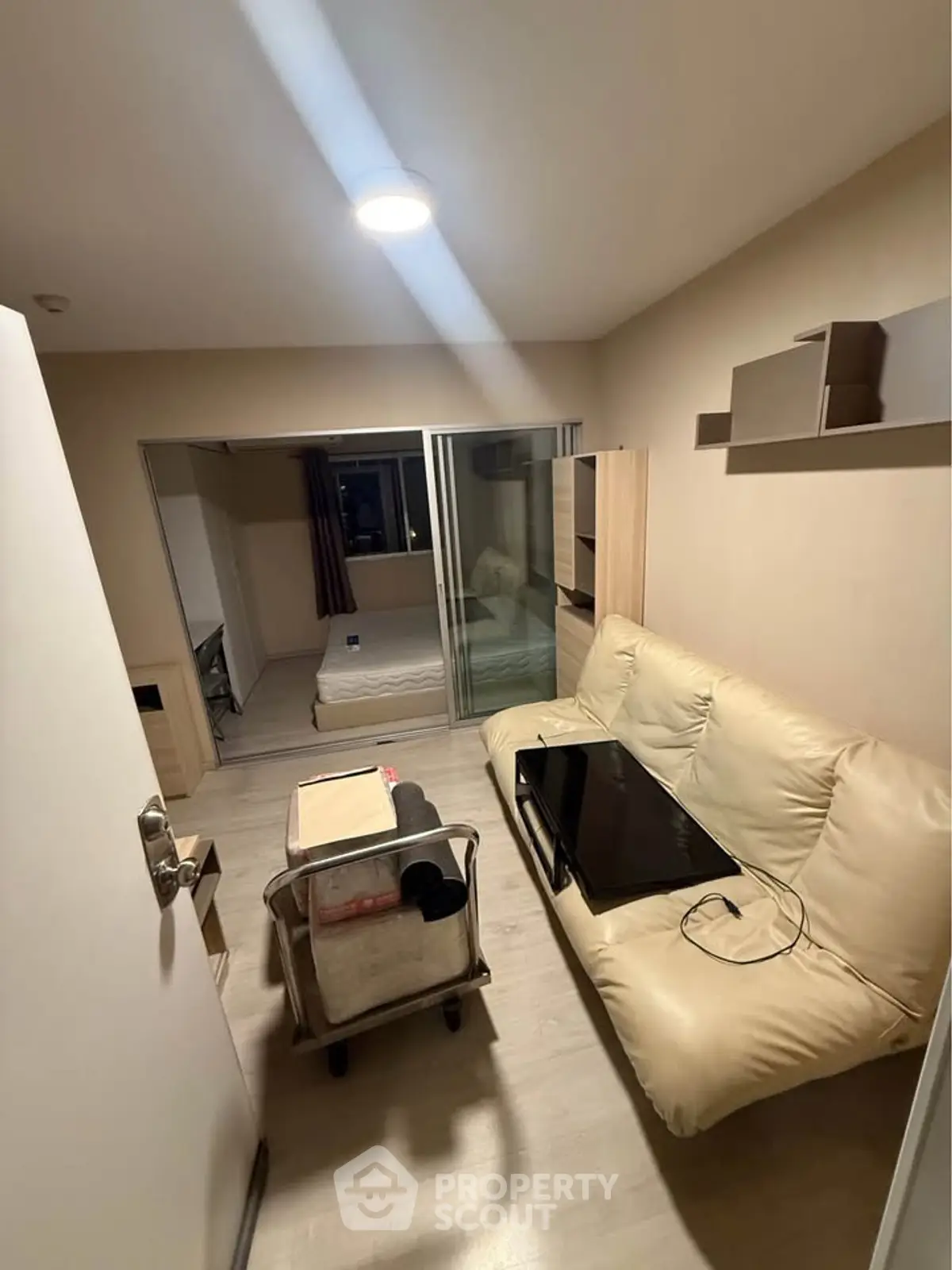 Cozy apartment interior with living room and bedroom, featuring modern furniture and open layout.