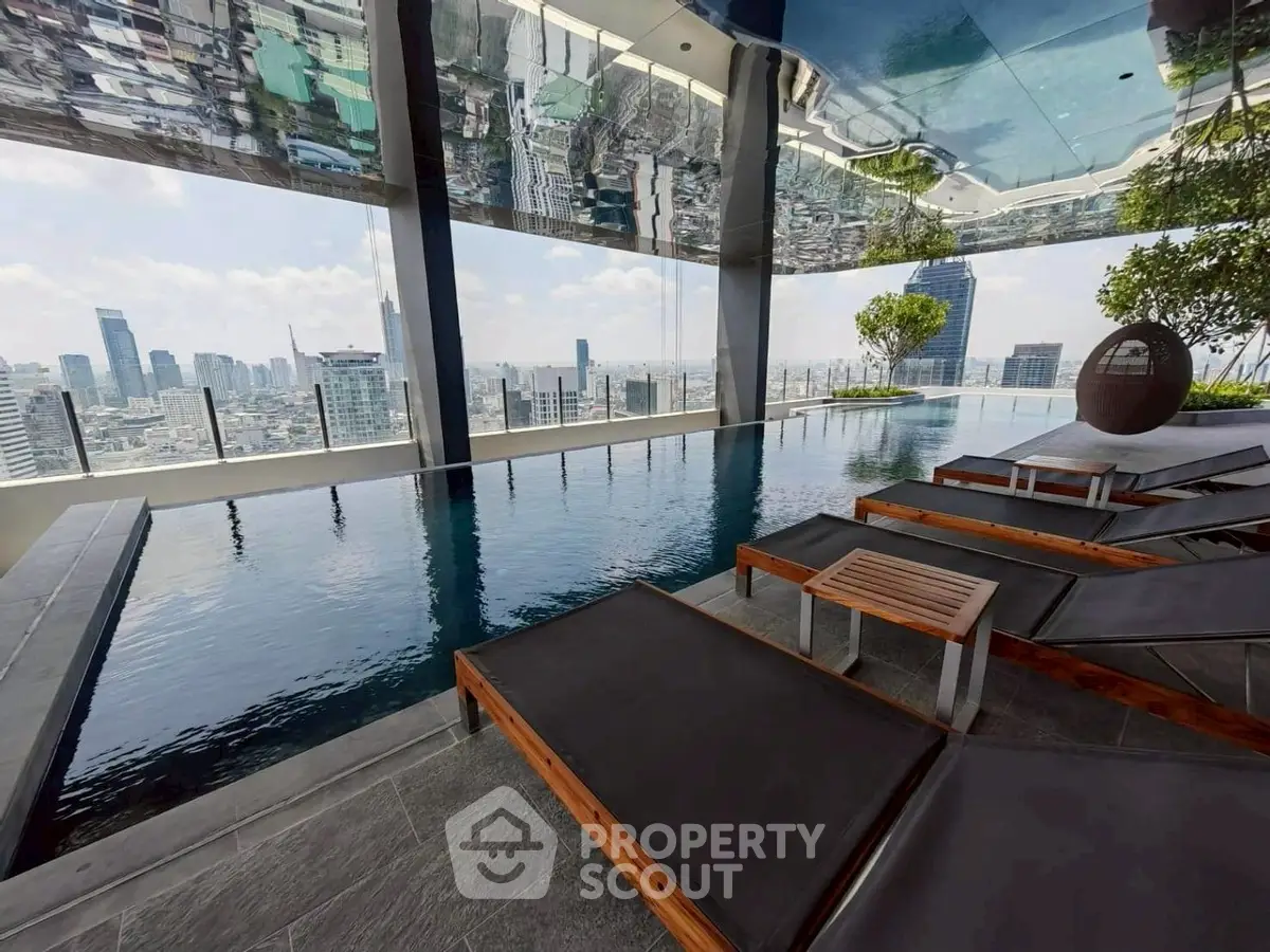 Luxurious rooftop pool with stunning city skyline view and modern lounge chairs.