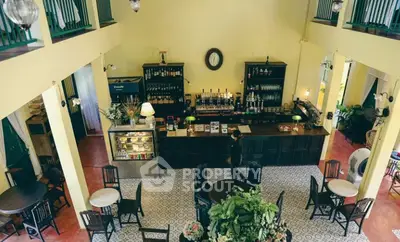 Charming cafe-style interior with high ceilings and elegant decor, perfect for a cozy dining experience.