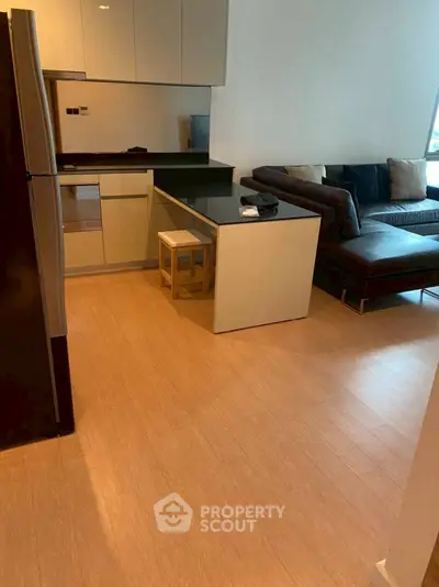 Modern kitchen with island and cozy living room in open layout apartment