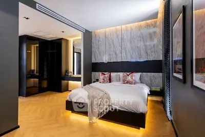 Luxurious modern bedroom with elegant lighting and stylish decor