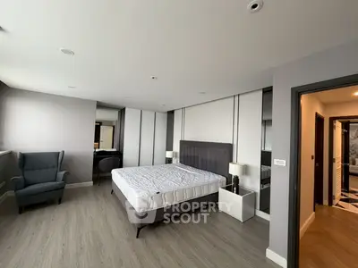 Spacious modern bedroom with stylish decor and natural light