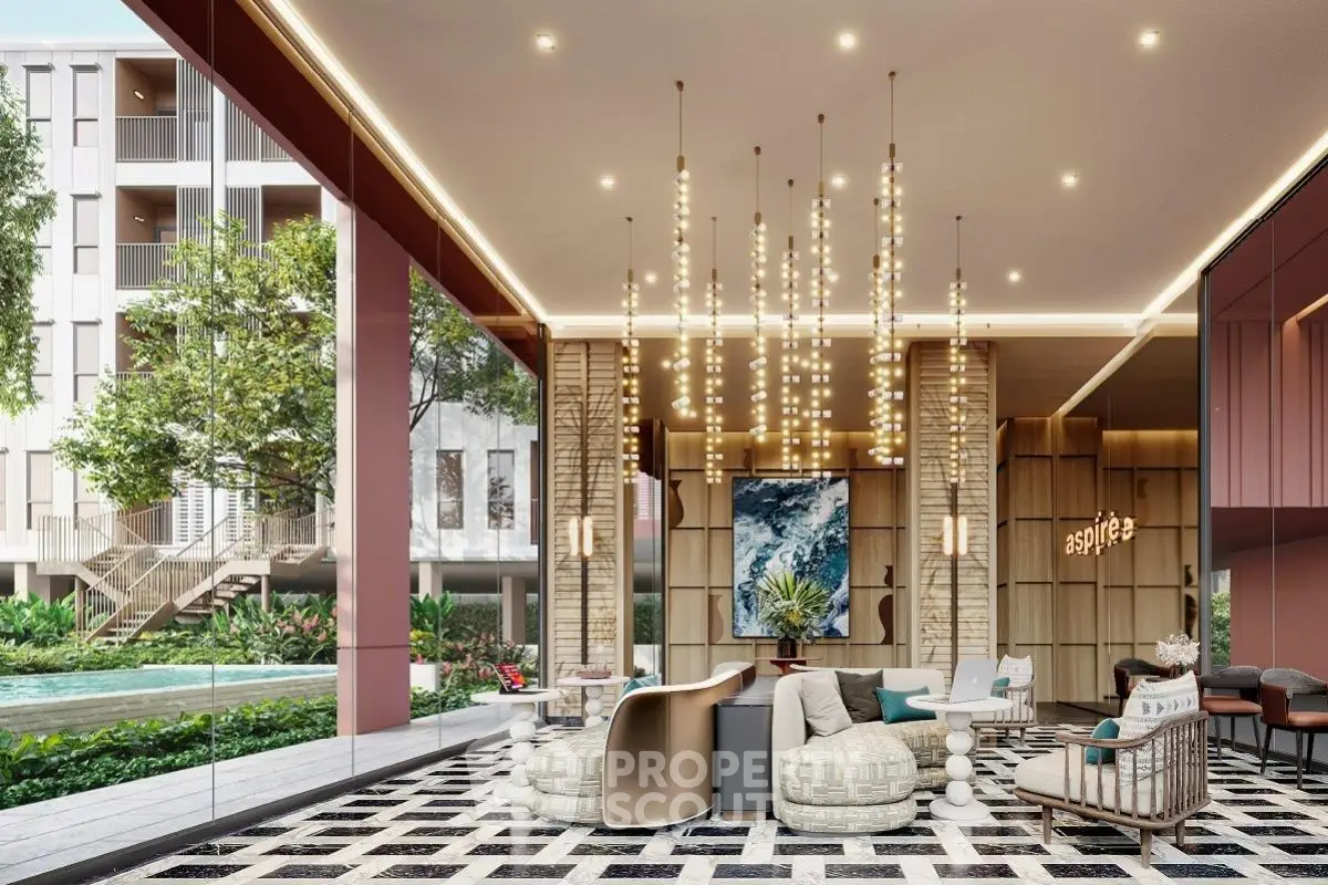 Luxurious modern lobby with elegant lighting and pool view in upscale residential building.