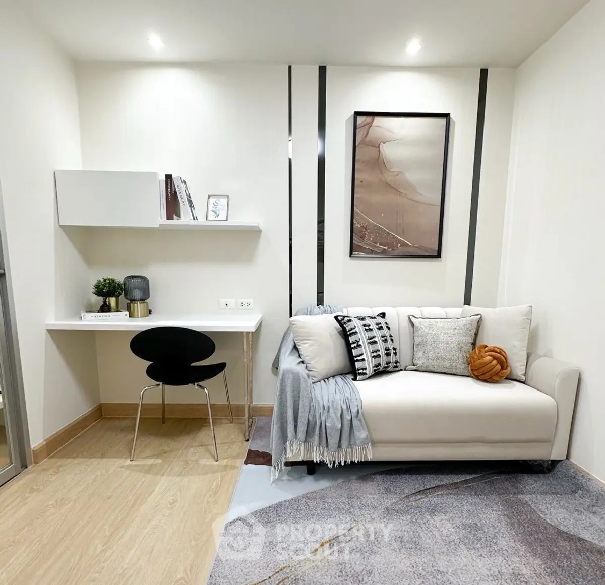 Modern living room with cozy sofa and stylish decor