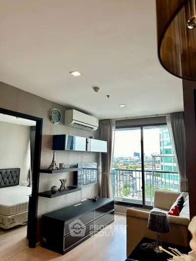 Modern living room with balcony view in a stylish apartment