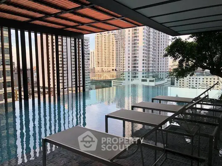 Luxurious rooftop infinity pool with stunning city skyline views and modern lounge chairs.