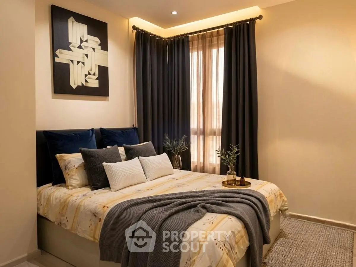 Cozy and elegant bedroom with stylish decor and soft lighting, perfect for relaxation and comfort.