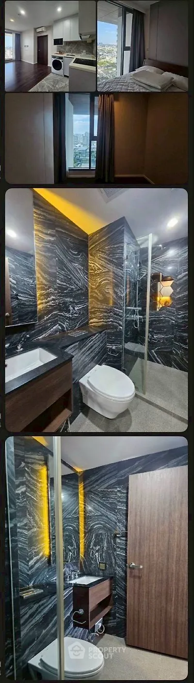 Modern apartment interior with stylish bathroom and city view