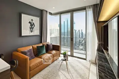 Modern living room with city view, brown sofa, and stylish decor