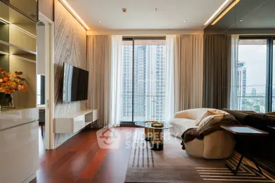 Luxurious modern living room with city view, elegant decor, and floor-to-ceiling windows.