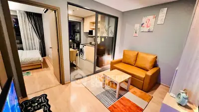 Modern apartment interior with cozy living room and compact kitchen featuring washing machine.