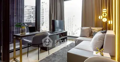 Modern living room with city view, stylish decor, and cozy seating area in a high-rise apartment.