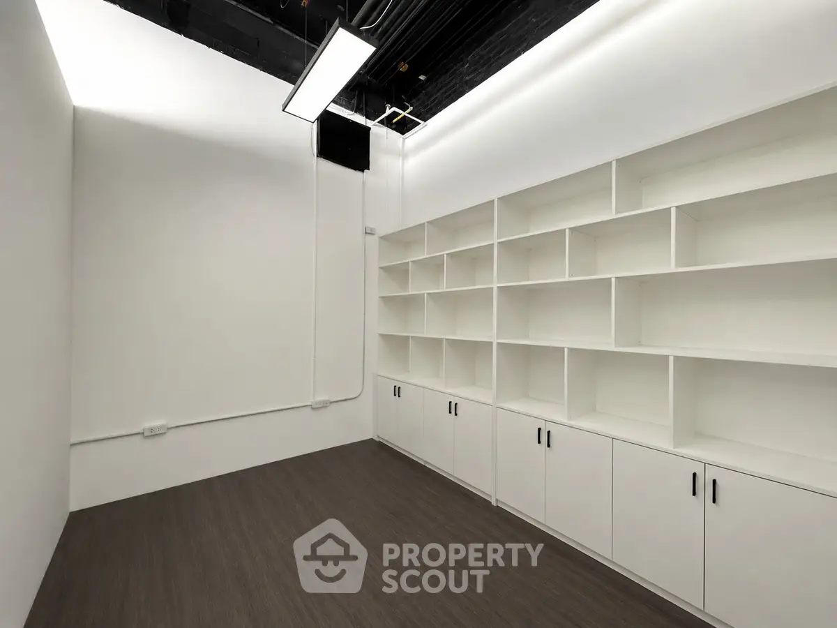 Spacious storage room with modern shelving and sleek design, perfect for organizing and maximizing space.