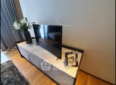 Modern living room with sleek TV stand and elegant decor