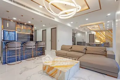 Luxurious modern living room with elegant lighting and marble accents