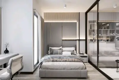 Modern bedroom with sleek design and glass partition, featuring a cozy bed and stylish decor.