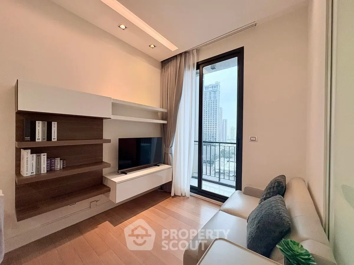 Modern living room with sleek furniture and city view balcony.