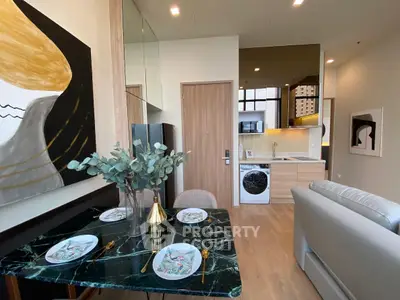 Modern open-plan living room with dining area and stylish decor