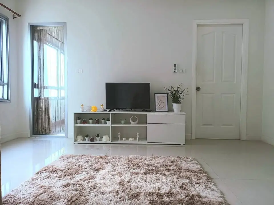 Modern living room with sleek TV stand and cozy rug, bright natural light.