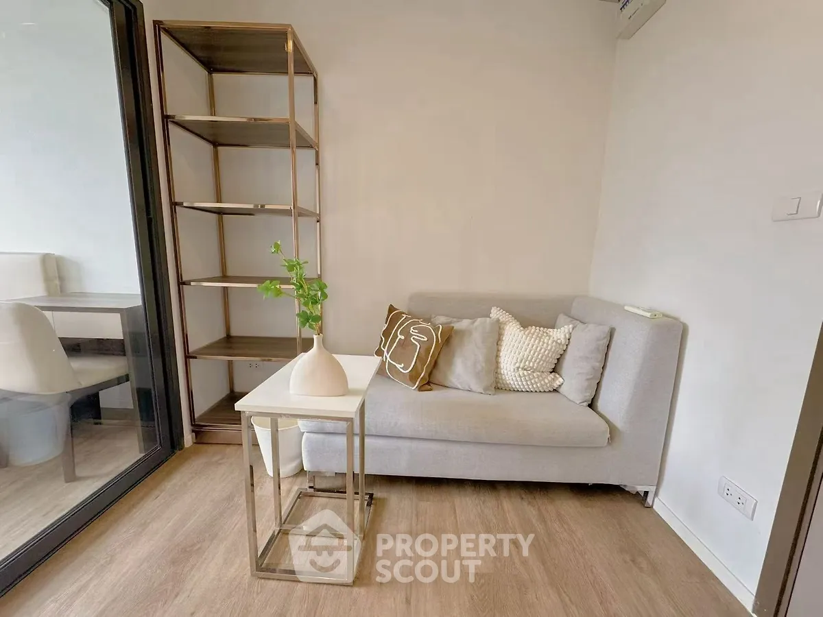 Cozy living room with modern sofa and stylish shelving unit