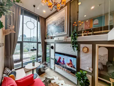 Stylish modern living room with high ceiling and large windows offering city views.