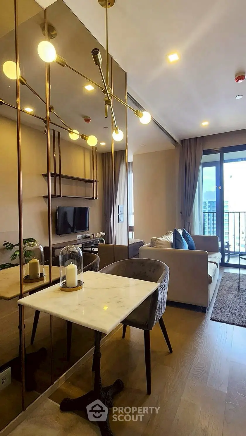 Luxurious modern living room with elegant decor and balcony view