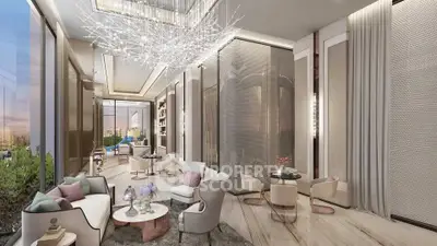 Luxurious modern living room with elegant decor and stunning chandelier in high-end apartment.