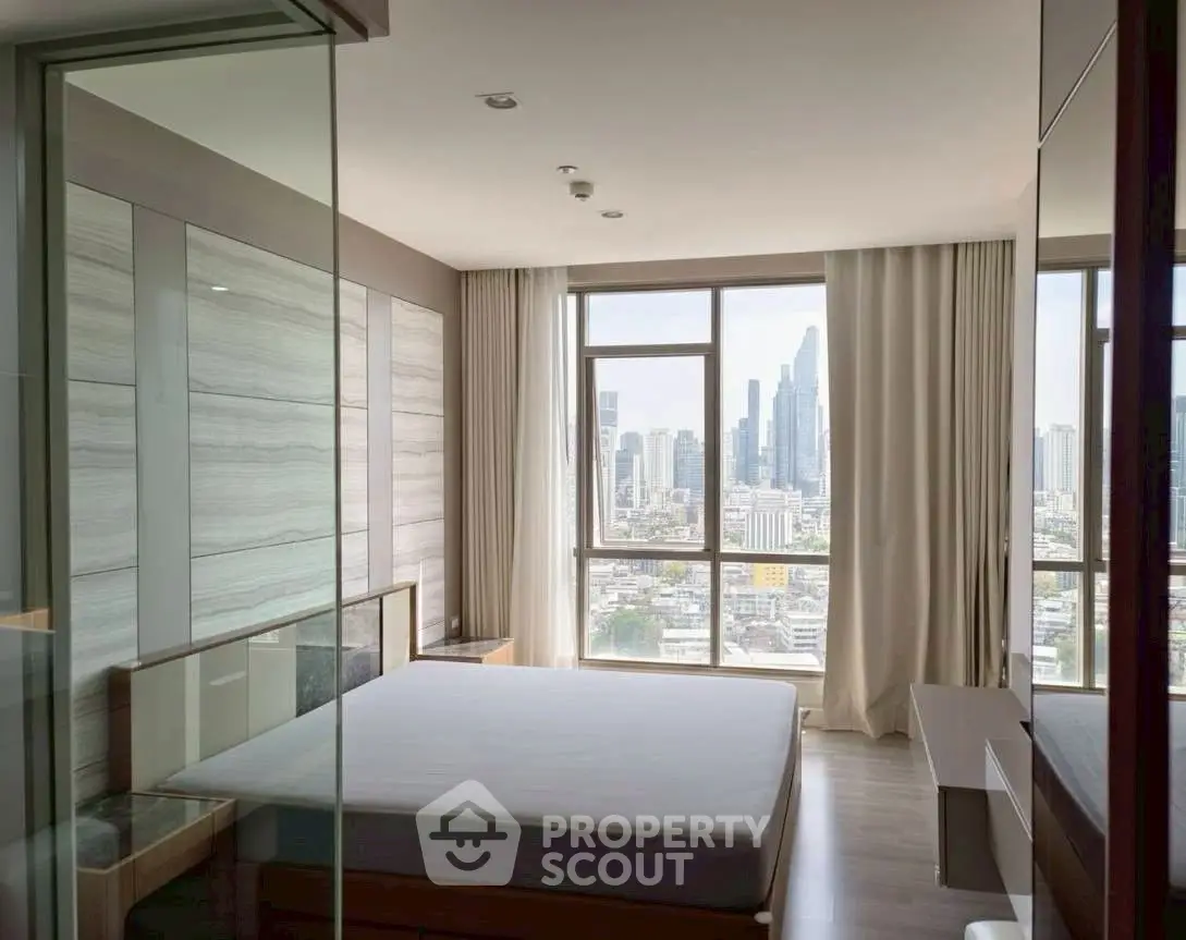 Modern bedroom with city skyline view and large windows