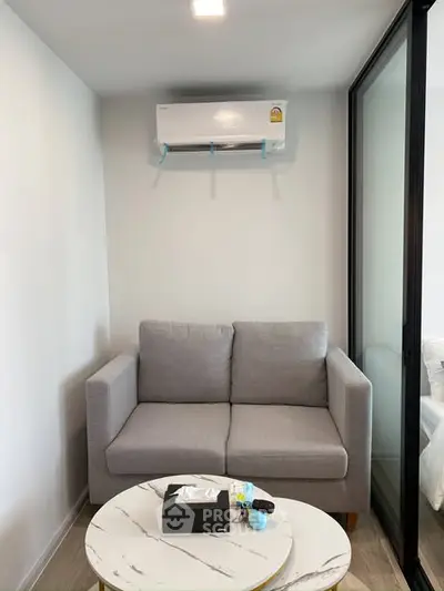 Cozy living room with modern gray sofa and air conditioning