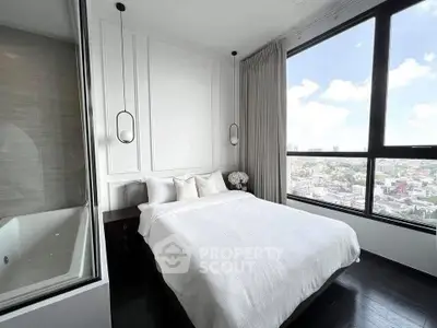 Luxurious bedroom with stunning city view and elegant decor