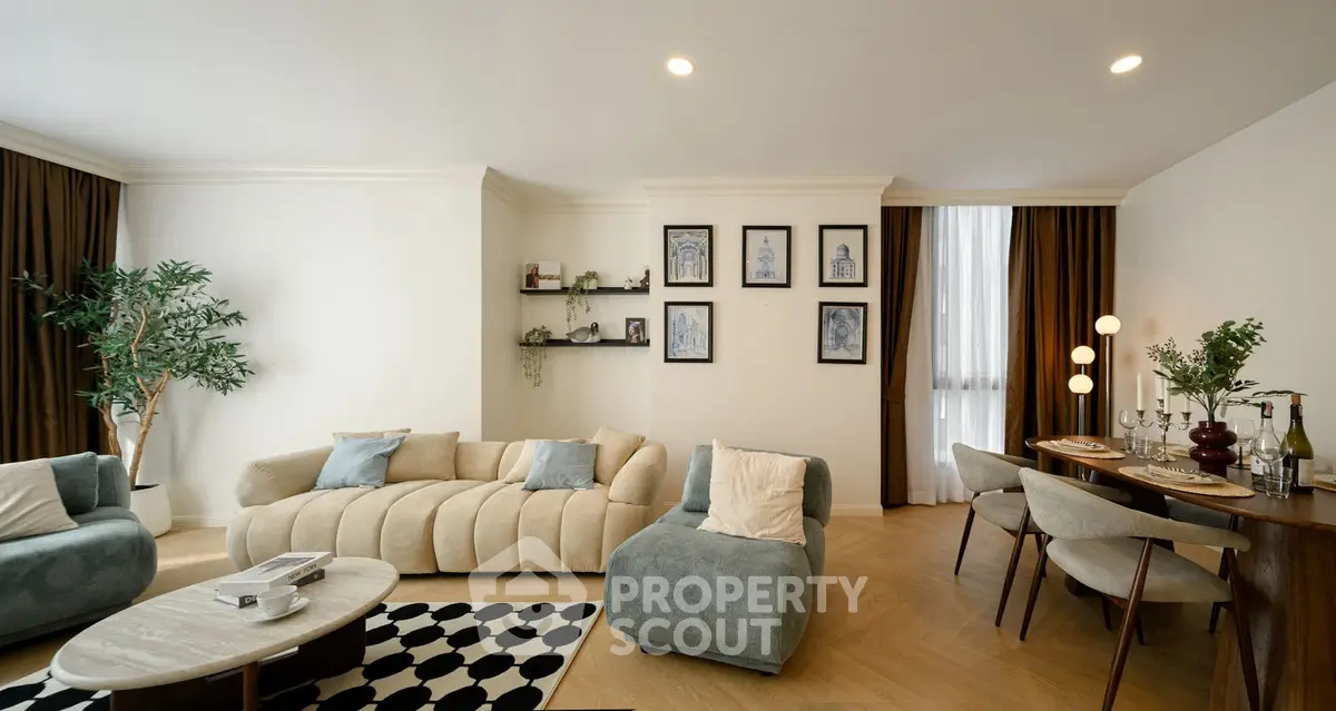 Elegant living room with modern furniture and stylish decor, perfect for relaxation and entertaining.