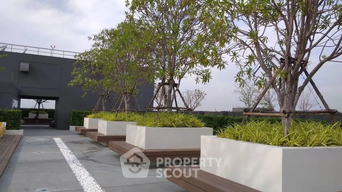Modern rooftop garden with lush greenery and seating area, perfect for relaxation and city views.