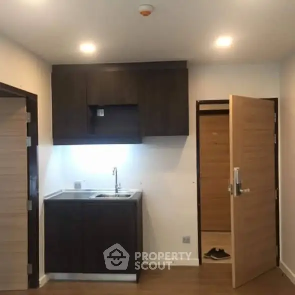 Compact kitchen area with dark cabinets and open door in modern apartment